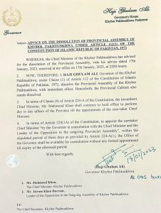 The Governor Dissolved the Khyber Pakhtunkhwa Assembly and also Signed the CM Summary