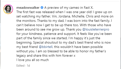 Paul Walker’s daughter Meadow is all set to Debut in Fast X
