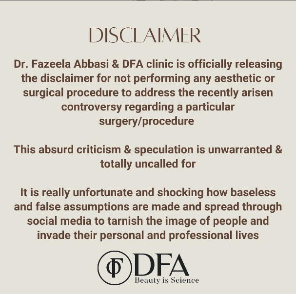 Actress Nand Issued a Statement on Allegation of Nemal Khawar Surgery on Fazeela Abbasi